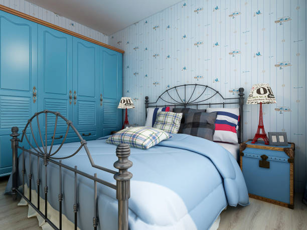 istock 3D rendering, bedroom design with blue Mediterranean design, large wardrobe next to the big bed, also equipped with dressing table and green plants 1215352018
