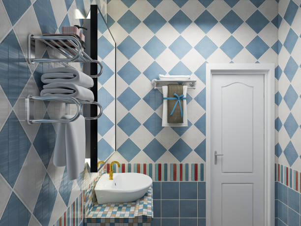 istock 3D rendering, Mediterranean-style residential bathroom and toilet design, which is fitted with a sink, toilet and shower. 1215352027