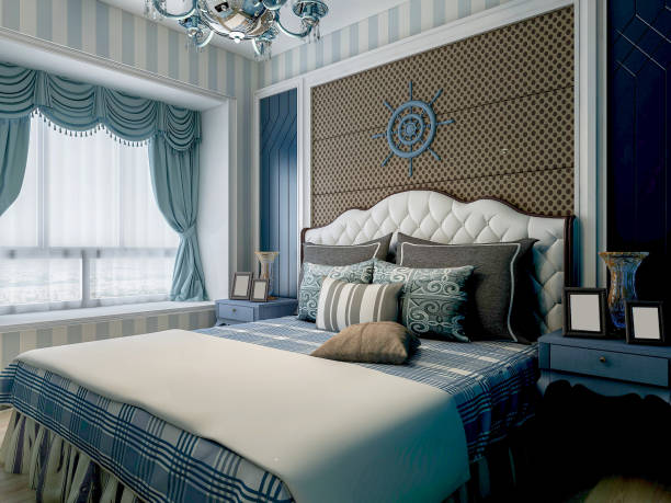 istock 3D rendering, bedroom design with blue Mediterranean design, large wardrobe next to the big bed, also equipped with dressing table and green plants 1215352032