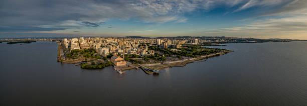 Panoramic view of Porto Alegre Aerial image at the most beautiful sunset of brazil over the guaiba river in alegre port rio grande do sul porto alegre stock pictures, royalty-free photos & images