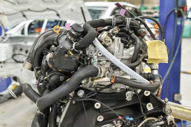 istock Details of a new car engine with motor sheath 1215354910