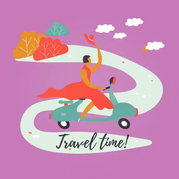 Vector illustration of Cute woman travel by scooter.