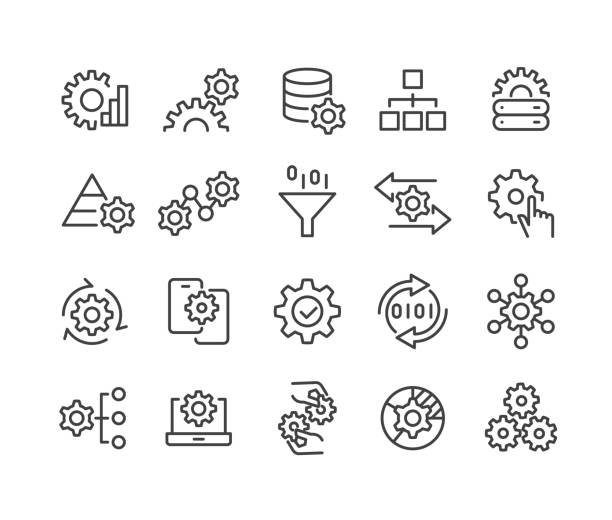 ilustraciones, imágenes clip art, dibujos animados e iconos de stock de iconos de procesamiento de datos - classic line series - evolucionar
