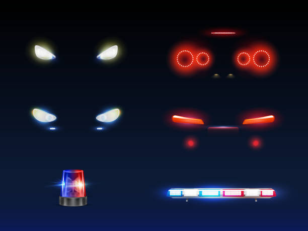 Emergency service car light equipment vector set Modern car front, back headlights, rotating and flashing police or ambulance car beacon and light bar glowing white, red and blue 3d realistic vector set. Passenger, emergency vehicle exterior element police lights stock illustrations