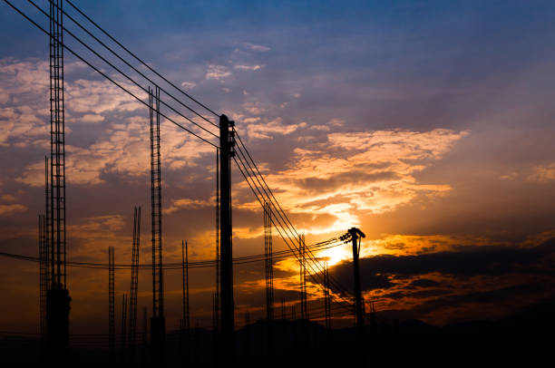 istock Construction site view of scaffolding poles on building site sunset 1215362740