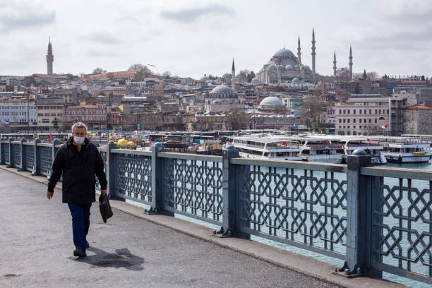 View from the empty Galata Bridge, famous for anglers. View from the empty Galata Bridge, famous for anglers. Istanbul Metropolitan Municipality banned fishing within its borders within the scope of corona virus measures. galata photos stock pictures, royalty-free photos & images