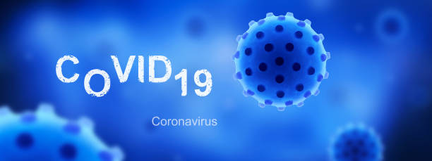 istock COVID-19 coronavirus banner with germs and inscription COVID on blue, 3d illustration. Microscopic view of SARS-CoV-2 corona virus. 1215366113