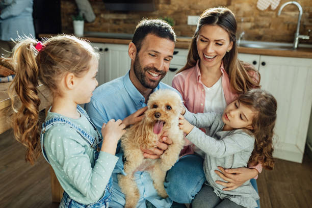 szczęśliwi rodzice i ich córki bawią się z psem w domu. - rodzina psowatych zdjęcia i obrazy z banku zdjęć