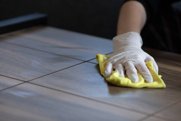 istock Female hands cleaning desk  with disinfectant wipe. 1215371007