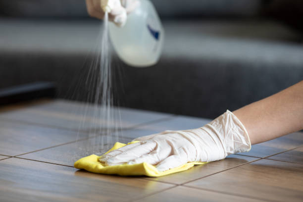 frauenhände reinigungstisch mit desinfektionsmittel wischen. - cleaning services stock-fotos und bilder
