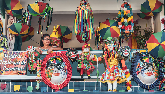 Bezerros city, Pernambuco state, Brazil - February 24, 2020:Carnival articles for sale in decorated house from Bezerros.