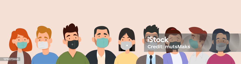 Gruppe von Menschen, die medizinische Masken tragen, um Krankheiten, Grippe, Luftverschmutzung, kontaminierte Luft, Weltverschmutzung zu verhindern. - Lizenzfrei Schutzmaske Vektorgrafik