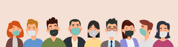 illustrazioni stock, clip art, cartoni animati e icone di tendenza di gruppo di persone che indossano maschere mediche per prevenire malattie, influenza, inquinamento atmosferico, aria contaminata, inquinamento mondiale. - air travel immagine