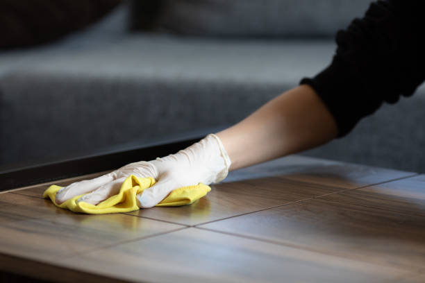 istock Female hands cleaning desk  with disinfectant wipe. 1215374338