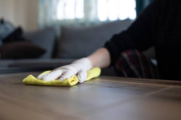 istock Female hands cleaning desk  with disinfectant wipe. 1215374466