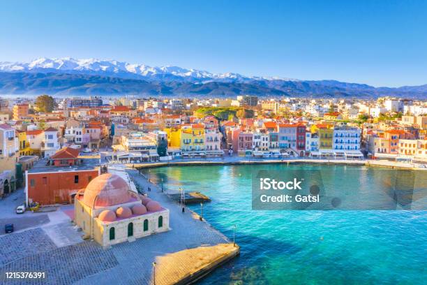 Aerial View Of Chania With The Amazing Lighthouse Mosque Venetian Shipyards Crete Greece Stock Photo - Download Image Now
