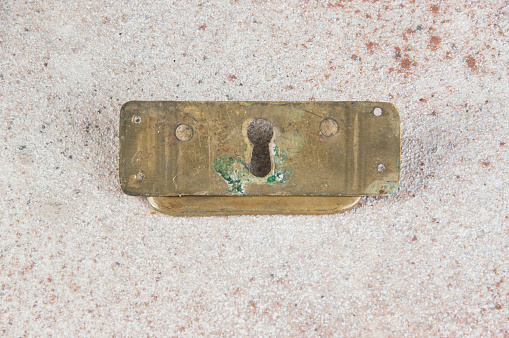 Santa Fe, NM: Antique Wooden Door Detail with Rusty Keyhole