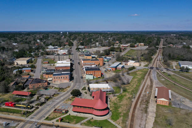istock Aerial view looking down Main street in a small town. 1215376792