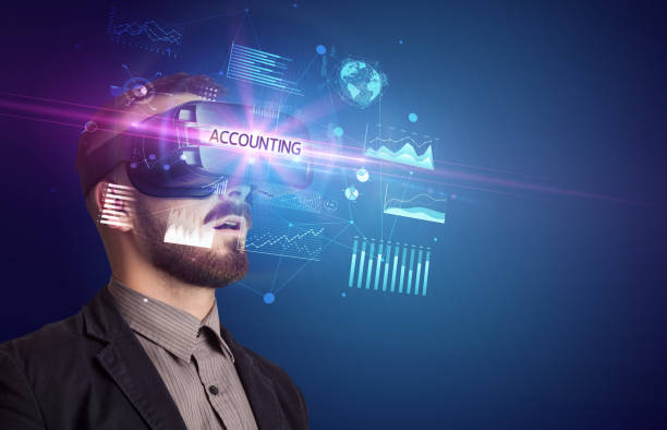 istock Businessman looking through Virtual Reality glasses 1215378326