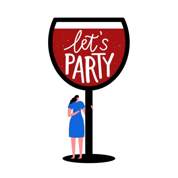 vektor-illustration mit frau umarmt großes glas wein. lassen sie uns partei-schriftzug-satz. - label sign symbol single word stock-grafiken, -clipart, -cartoons und -symbole