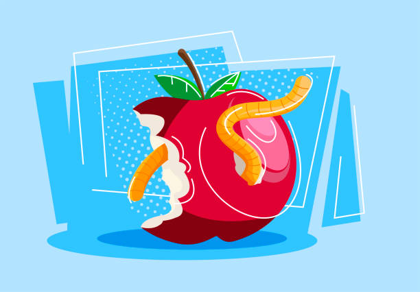 illustrations, cliparts, dessins animés et icônes de illustration de vecteur d’une pomme rouge mordue avec un ver à l’intérieur - fresh meat