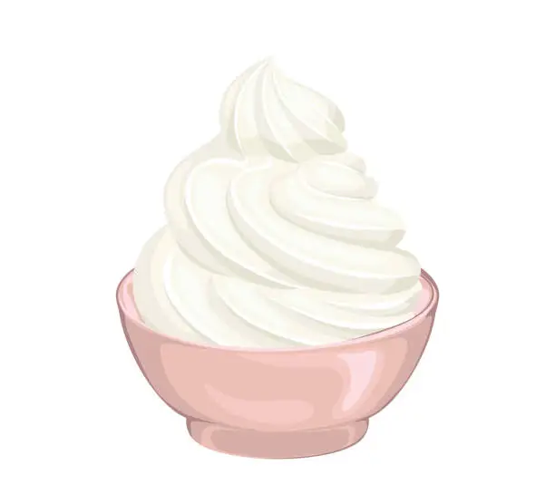 Vector illustration of Whipped cream in bowl isolated on white background. Food icon. Vector illustration of sweet dairy dessert in cartoon flat style.