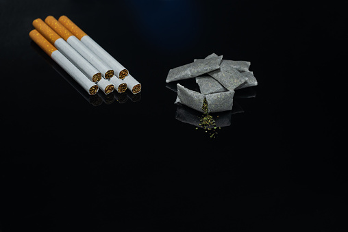 Nicotine products of various types. Cigarettes - smoking tobacco and snus - chewing tobacco
