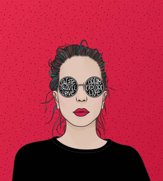 Girl with sunglasses A hand drawn portrait of a beautiful young woman with sunglasses. Her dreams and aspirations written in her glasses. EPS10 vector illustration, global colors, easy to modify. one woman only illustrations stock illustrations