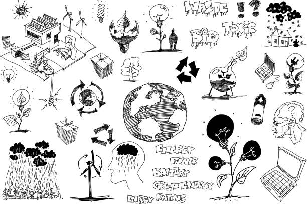 viele skizzen und doodles zu wetter und energie und umwelt - wärmepumpe stock-grafiken, -clipart, -cartoons und -symbole