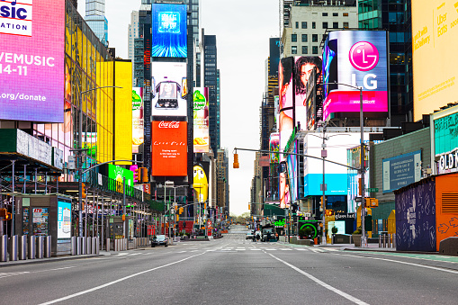 Manhattan, New York, USA - 3/28/2020, 2020:  Times Square after self-quarantine and social distancing was put in place in New York City to slow the spread of the covid-19 pandemic.