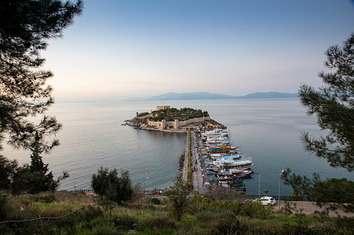 The road goes to Pigeon Island in Kusadasi. Kusadasi is a popular tourist destination in Turkey.