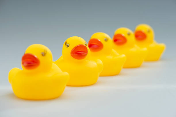 istock Line of Yellow Rubber Ducks in a Row 1215389190
