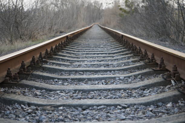 istock Railroad track, rails and railway sleepers. 1215390277