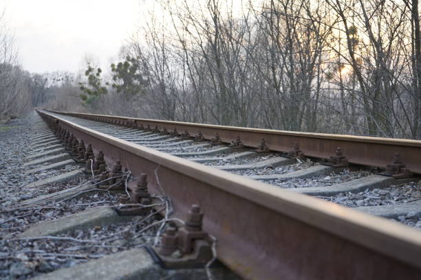 istock Railroad track, rails and railway sleepers. 1215390323