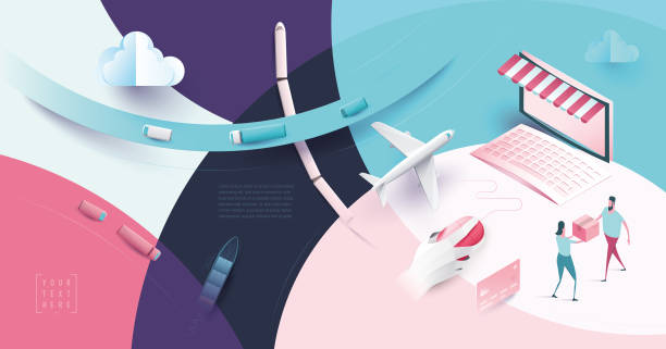 Online shop Logistics Transport Onlineshop logistics Delivery and shopping concept, covers layout, info graphic, background image, with copy space for text, web template, applicable for websites, brochures, posters, banners global logistics infographic stock illustrations