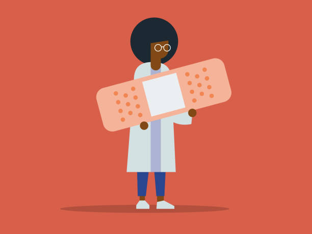 ilustraciones, imágenes clip art, dibujos animados e iconos de stock de ilustración de una mujer doctora africana sosteniendo vendaje gigante - cut up illustrations