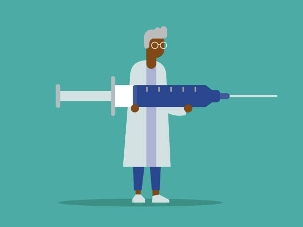 Illustration of male African doctor holding giant syringe Modern flat vector illustration appropriate for a variety of uses including articles and blog posts. Vector artwork is easy to colorize, manipulate, and scales to any size. senior getting flu shot stock illustrations