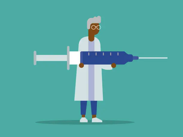 Vector illustration of Illustration of male African doctor holding giant syringe