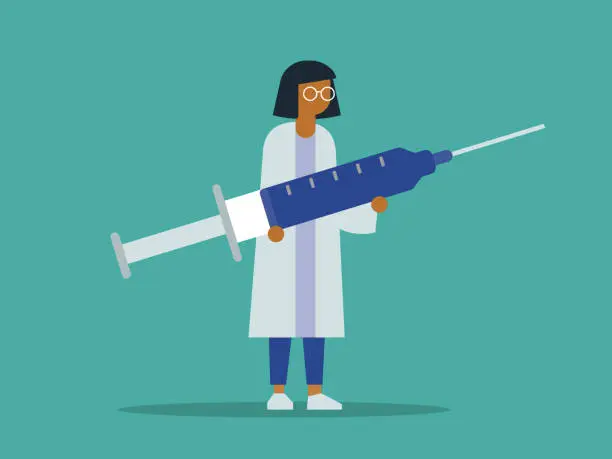 Vector illustration of Illustration of female doctor holding giant syringe