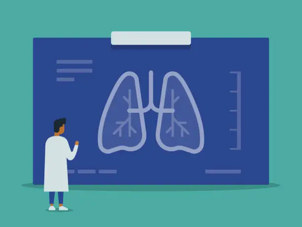 Vector illustration of Doctor examining giant chest x-ray of lungs vector illustration