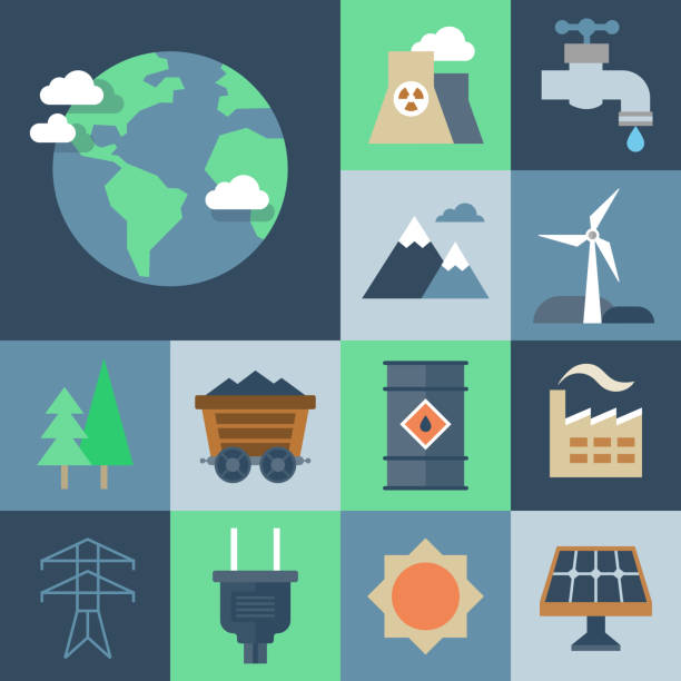 Sustainability Icon Set — Grid Series Professional icon set in flat color style. Vector artwork is easy to colorize, manipulate, and scales to any size. nuclear fission stock illustrations