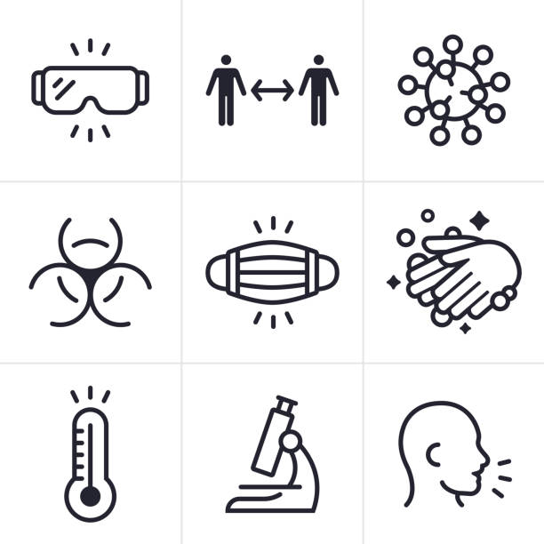 Coronavirus CoViD-19 Infectious Disease Icons and Symbols Coronavirus CoViD-19 virus medical disease and sickness icons  and symbols collection. biological process stock illustrations