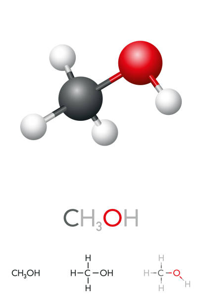 메탄올, ch3oh, 메틸 알코올의 분자 모델 및 화학 식 - naphtha stock illustrations