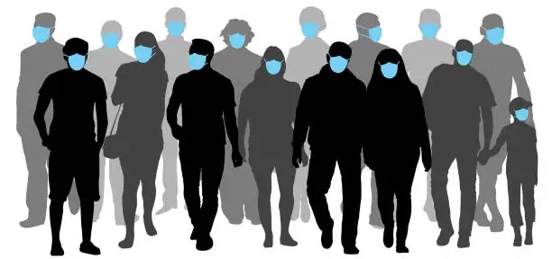 Vector illustration of Group of people wearing medical masks to prevent disease flu. Contaminated air. Silhouette vector illustration