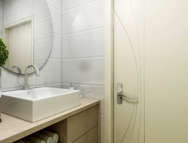 istock 3D rendering, modern residential clean bathroom design, with washbasins, mirrors, toilets, shower equipment and bathtubs 1215397694