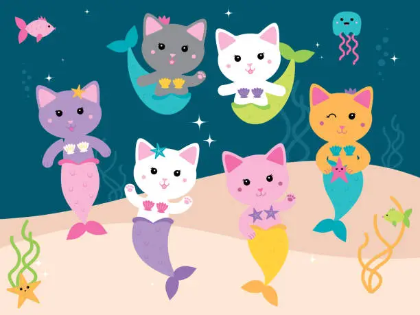 Vector illustration of Mermaid Cat Purrmaids