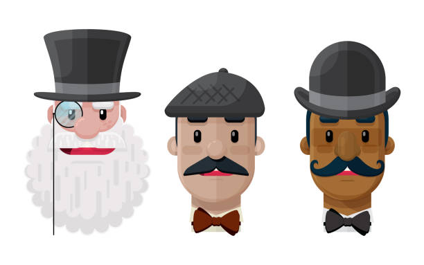 Set of Flat Vector Gentlemen in Hats and mustaches Cartoon Graphic Illustration Icons This vector eps file is for a set of three flat vector icon of gentlemen in hats. flat cap stock illustrations