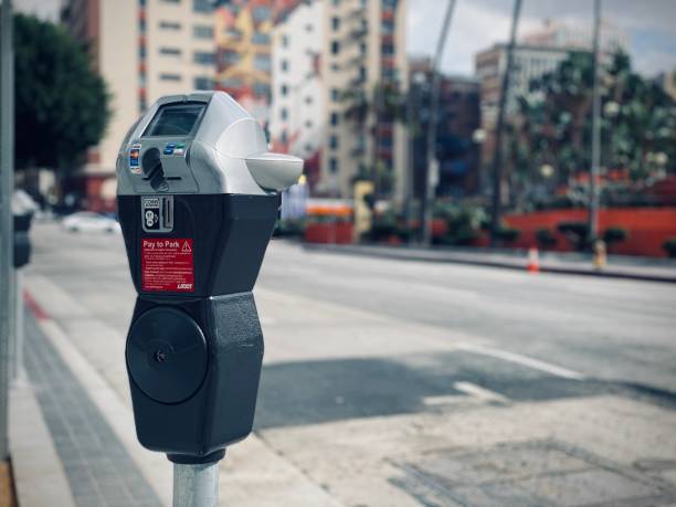LOS ANGELES, CA, MAR 2010: parking meter accepting coins, credit and debit cards, next to Pershing Square in Downtown