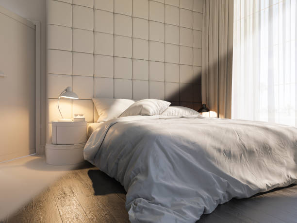 istock 3d illustration of bedroom interior design. 3D render bedroom interior before and after texturing 1215405788