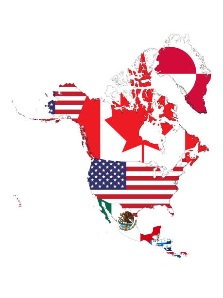 illustrations, cliparts, dessins animés et icônes de carte des pays d’amérique du nord avec le drapeau national - outline mexico flat world map